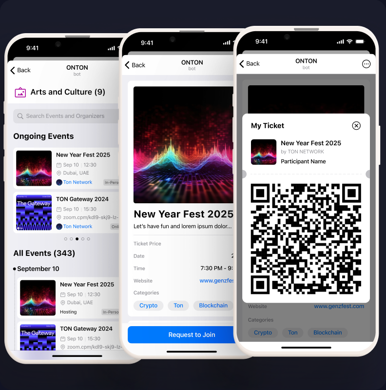 Three ONTON event participation screens: the event list, an event detail page for New Year Fest 2025, and a glassmorphic ticket card with a QR code