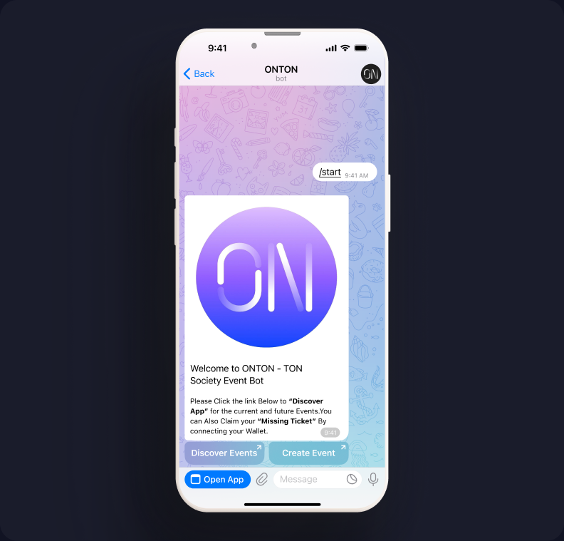 The legacy ONTON Telegram bot screen — a command-driven chat interface with Discover Events and Create Event buttons
