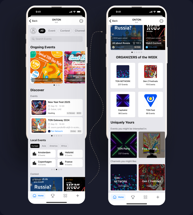 Two ONTON Mini App screens: an event browser with Ongoing, Discover and Local Events, and an organizers feed highlighting featured communities